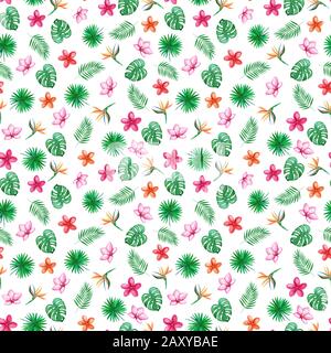 Aquarell grün Palm Blätter auf einem weißen Hintergrund. Orchidee, Plumeria, Heliconia Blumen. Nahtlose Muster. Abbildung. Stockfoto