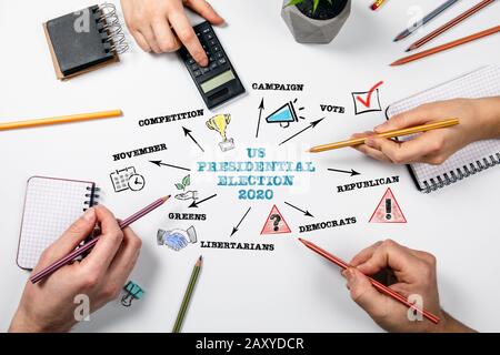 Konzept Der US-Präsidentschaftswahl 2020. Diagramm mit Schlüsselwörtern und Symbolen. Besprechung, Arbeit und Diskussion am weißen Tisch Stockfoto
