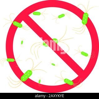 Stoppen Sie Viren und schlechte Bakterien oder Keimen prohobition unterzeichnen. Big Viren oder Edelsteine in die rote STOP-Verteidigung Kreis Flat Style Design Vector Illustration iso Stock Vektor