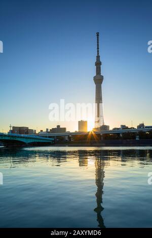 Sky Tree und Sumida River im Morgengrauen, Tokio, Japan Stockfoto