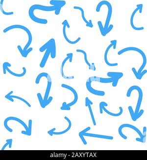 Blaue Symbole mit Pfeilvektor legen die handgezeichnete Farbe fest. Gerader und gebogener Cursor. Abstraktes Konzept Grafikelement. Nahtloses Muster Stock Vektor