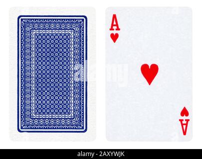 Ass der Herzen und Joker Spielkarten isoliert auf weiß Stockfoto