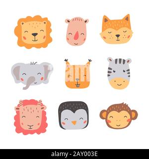 Satz süßer Wildtiere Gesichter, Affe, Pinguin, Zebra, Löwe, Fuchs. Isolierte Vektorgrafiken Tiere für Baby, Kinder, Design von Kinderprojekten. Handgezeichneter, niedlicher Stil. Stock Vektor