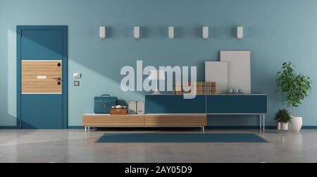 Blauer Hauseingang mit gepanzerter Tür und Sideboard mit Dekorobjekten - 3D-Rendering Stockfoto