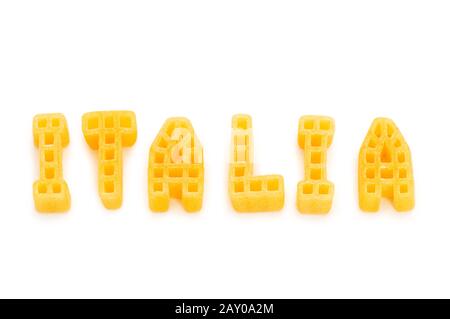 Italia mit Nudelformen auf weiß geschrieben Wort Stockfoto