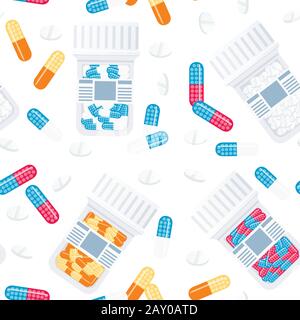 Nahtloses Muster von Pillen und Tabletts volle transparente Pillenflasche flache Vektorgrafiken auf weißem Hintergrund. Stock Vektor