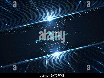 Abstrakte Technologie futuristisches digitales Konzept Perspektivenraster und Lichteffekt leuchtende Partikel Punkte Elemente kreisen auf dunkelblauem Hintergrund. Bi Stock Vektor