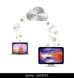 Dateiübertragung zwischen Laptop und Desktop über Cloud-Service, Technologie-Illustration isoliert auf weiß Stock Vektor