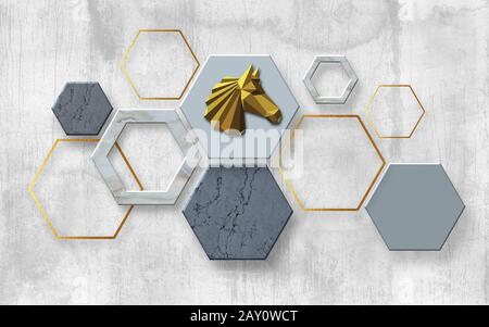 3D-Darstellung, grauer Grunge-Hintergrund, Tafel mit Hexagonen und sechseckigen Rahmen, goldener polygonaler Pferdekopf Stockfoto