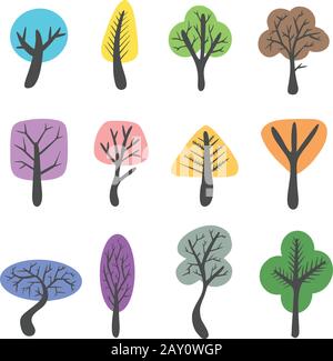 Eine Sammlung Farbenfroher abstrakter Cartoon-Bäume, die einen Wald aus Woodland-Vektor Machen Stock Vektor