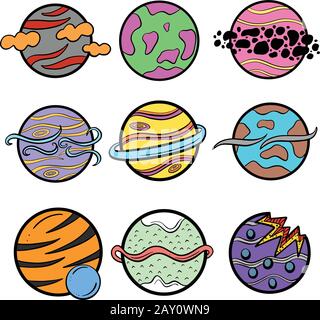 Ein Symbolsatz für die Sammlung von Imaginary Science Fiction Cartoon Planets and Worlds Illustration Vector Stock Vektor