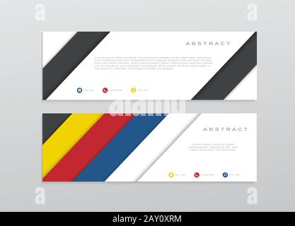 Abstrakte 3D-Banner-Vorlage für Vektoren. Horizontales Webbanner, modernes dynamisches Design. Kreatives Design mit papiergeschnittenen gelben, roten und blauen Bannern auf Stock Vektor