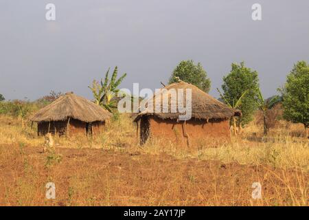 Ein traditionelles armes afrikanisches Dorf in Uganda, das aus Steingut-Rundhütten und Strohdächern besteht. Stockfoto