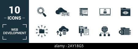 Web Development Icon Set. Kreative Elemente Suche, seo, Cloud Storage, Cloud Management, Netzwerkverbindung Symbole enthalten. Kann für den Bericht verwendet werden. Stockfoto