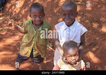 Kampala, Uganda - 27. Januar 2015: Afrikanische Dorfkinder spielen in der Nähe ihrer Häuser in der Kampala-Vorstadt. Stockfoto