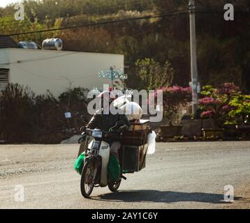 Vietnamesischer Motorradfahrer auf der Landstraße in der Nähe von da Lat im zentralen Hochland von Vietnam, Indochina. Stockfoto