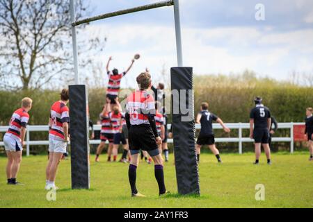 Rugby-Line-Out vor den Rugby-Pfosten, an einem trüben Tag. Stockfoto