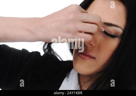 Junge gutaussehende Geschäftsfrau mit Stress oder Kopfschmerzen Stockfoto