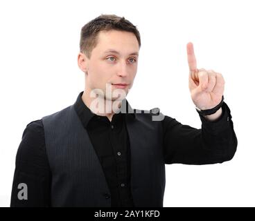 Unternehmer, die einen imaginären Knopf Stockfoto