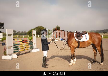 Mann mit seinem Pferd vor dem Dressurpferd Stockfoto