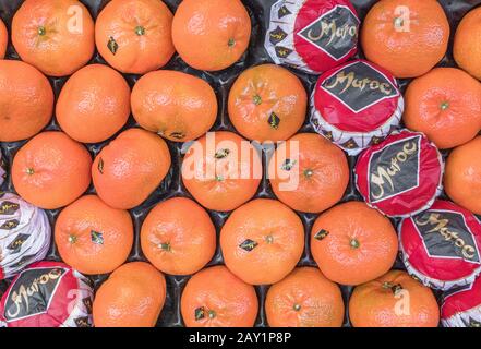 Box mit marokkanischen Früchten vom Typ Tangerine im Verkauf bei lokalen Lebensmittelhändler in Großbritannien. Fünf Tage Metapher, frisches Obst, importiertes Essen, orangefarbene Farbe, übersichtlich angeordnet. Stockfoto