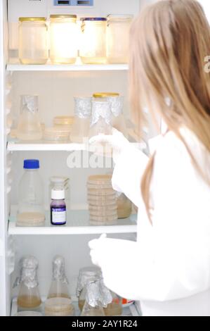 Junger Wissenschaftler öffnet Kühlschrank im Labor Stockfoto
