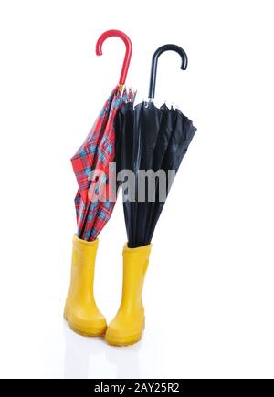 Regenschirme und Stiefel Stockfoto