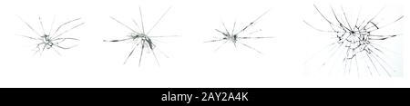 Satz Abbildungen von zerbrochenem Glas auf weißem Hintergrund. Risse durch das Aufschlagen des Fensters. Stockfoto