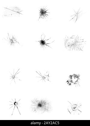 Satz Abbildungen von zerbrochenem Glas auf weißem Hintergrund. Risse durch das Aufschlagen des Fensters. Stockfoto