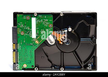 Details zur Unterseite oder Rückseite einer Computerfestplatte oder Festplatte, beachten Sie den elektronischen Schaltkreis Stockfoto