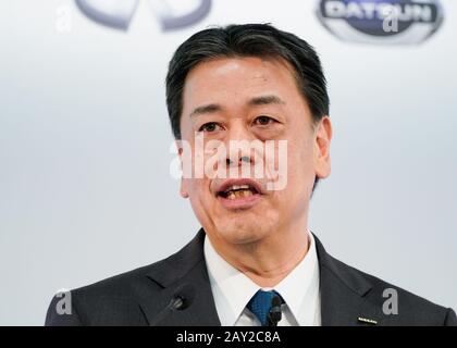 Yokohama, Japan. Februar 2020. Der japanische Automobilgigant Nissan Motor president Makoto Uchida kündigt die Finanzergebnisse des Unternehmens für das dritte Quartal an, die am Donnerstag, den 13. Februar 2020, am Nissan-Hauptsitz in Yokohama in der Vorstadt Tokios im Dezember beendet wurden. Der Nettogewinn von Nissan sank in den 9 Monaten bis Dezember um 87,6 Prozent auf 39,3 Milliarden Yen. Credit: AFLO/Alamy Live News Stockfoto