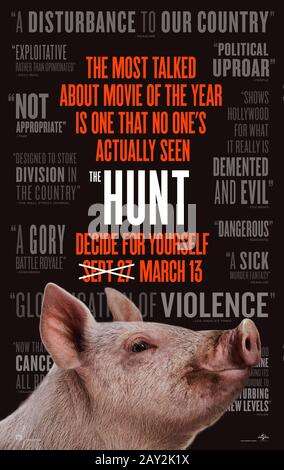 The Hunt (2020) unter der Regie von Craig Zobel und mit Ethan Suplee, J.C. in der Hauptrolle Mackenzie, Emma Roberts und Hilary Swank. 12 Fremde erwachen auf einer Lichtung, um zu entdecken, dass sie wegen des Sports gejagt werden. Der Veröffentlichungstermin wurde aufgrund der Massenshootings von Dayton und El Paso Anfang August 2019 verschoben. Stockfoto