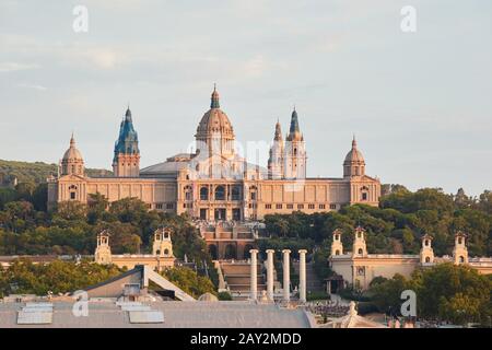 Blick auf die Plaza Espanya von Montjuic in Barcelona, Spanien Stockfoto