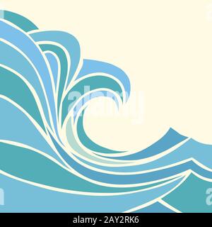 Wellen. Aquarelldarstellung in hellen Farben, Sommervibes. Modernes farbenfrohes Design, Werbefläche. Hintergrundbild, Hintergrund für Ihr Gerät. Sommerzeit, Urlaub, Resort, Urlaubskonzept. Stockfoto