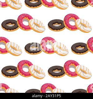Nahtloses Muster mit drei verschiedenen glasierten Donuts, isoliert auf weißem Hintergrund. Vektorbild Stock Vektor