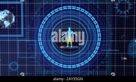 Futuristisches blaues Raster für HUD Medicine Personal Data zeigt Hintergrund an. Hologramm des menschlichen Körpers und Organs. Konzept für Gesundheits- und Geschäftstechnologie. D Stockfoto