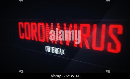 Nahaufnahme des roten Coronavirus Ausbruchs Warntextes auf dem pixelierten grünen Bildschirm des Computers zeigt Hintergrund an. Rendering-Alphabet für 3D-Illustrationen. Gesundheitswesen an Stockfoto