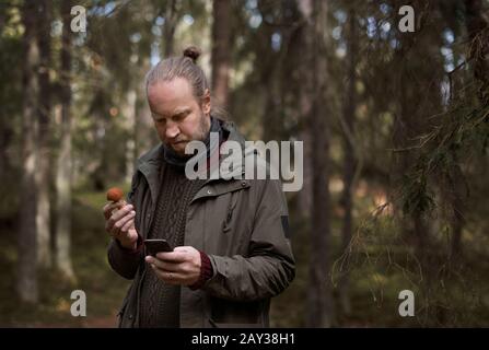 Mann hält Pilz und Handy Stockfoto