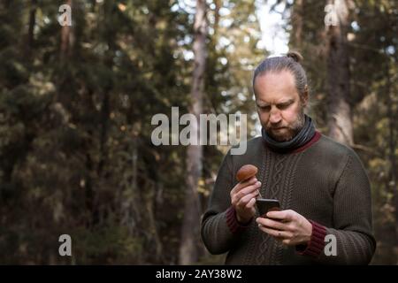 Mann hält Pilz und Handy Stockfoto