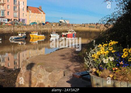 Lebendiger Blick auf St Andrews Studenten, die am Pier neben dem Hafen sitzen und an einem sonnigen Tag nach dem Rasin mit bunten Blumen und Fischerbooten Stockfoto