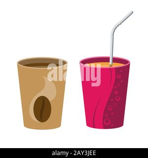 Papierbecher mit einem Getränk und Kaffee auf einem weiß isolierten Hintergrund. Vektorbild Stock Vektor