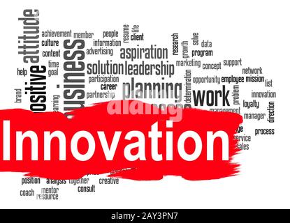 Innovation Wort Cloud mit rotem Banner Stockfoto