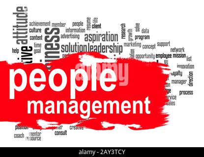 People Management Word Cloud mit rotem Banner Stockfoto