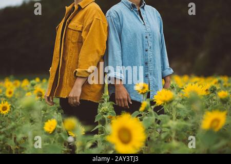 Paar auf dem blühenden Sonnenblumenfeld Stockfoto