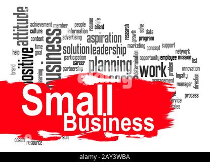 Small-Business-Word-Cloud mit rotem Banner Stockfoto