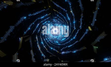 Endloser reflektierender Tunnel mit Neonlicht 3D-Rendering-Illustration Stockfoto
