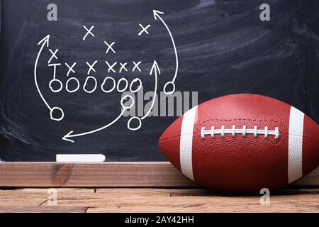 Fußball-Spielstrategie Auf EINEM Kreidebrett Mit Rugby-Ball Stockfoto