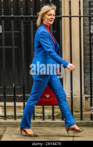 London, Großbritannien. Februar 2020. RT Hon Elizabeth Truss MP bleibt Staatssekretärin und Präsidentin des Board of Trade sowie Ministerin für Frauen und Equalitäten - die Minister treffen nach der Umbesetzung von Boris Johnson, Downing Street, zum ersten Kabinettstreffen ein. Credit: Guy Bell/Alamy Live News Stockfoto