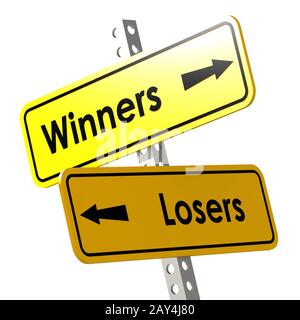 Gewinner und Verlierer mit gelben Schild Stockfoto