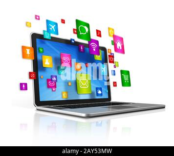 Laptop und fliegende apps Symbole auf einem weißen Hintergrund Stockfoto